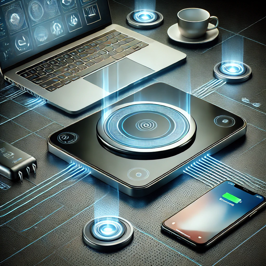 futuristic wireless chargers pad integrated into a table