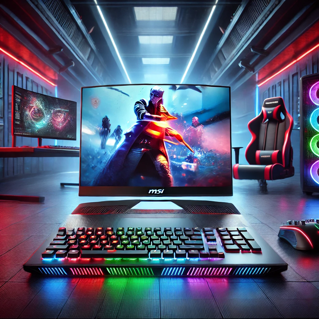 A high-end MSI laptop placed on a futuristic gaming desk with RGB lighting, showcasing top-tier gaming performance and sleek design."